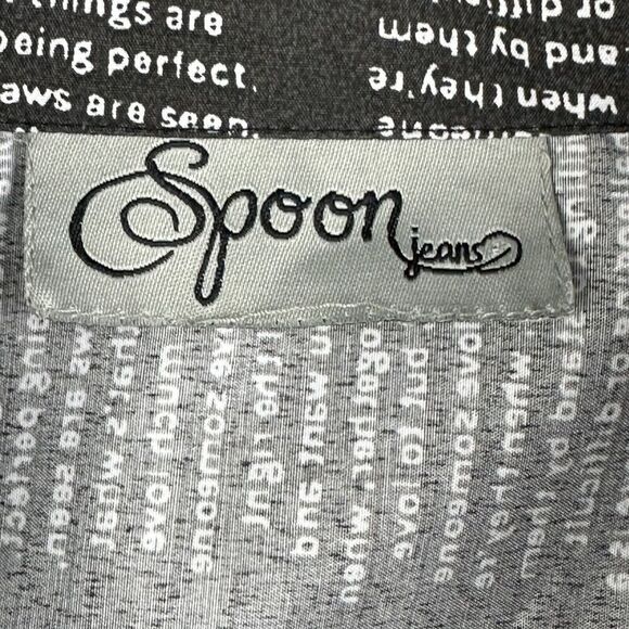 Spoon Jeans Tunic Top Women L Black Allover Script Empowerment Button Up Shirt* - Picture 10 of 12